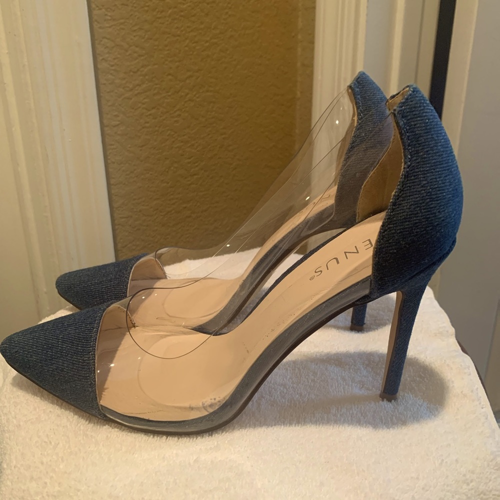 Venus clear pumps with denim accent, size 8.